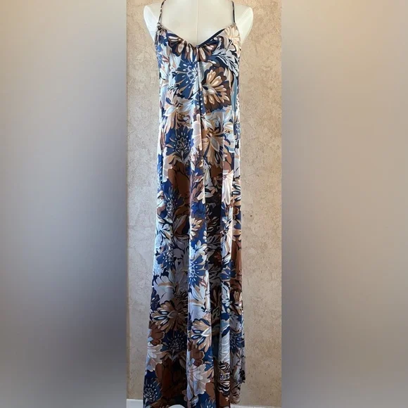 Tahari Arthur Levine Navy/Tan Floral Maxi Dress - Picture 4 of 9